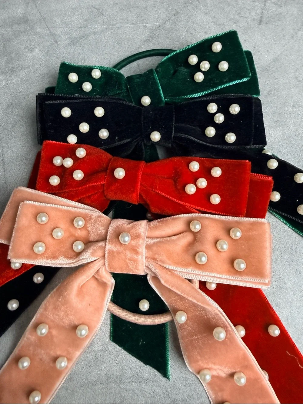 Velvet Pearl Bow Hair Tie - Pink, Red, Green, Black